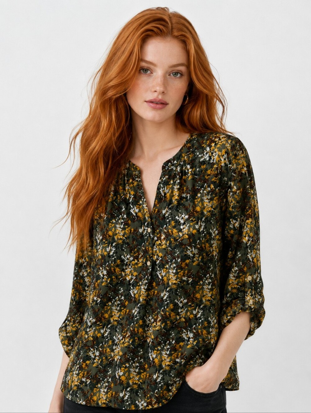 Adrienne Vittadini Floral Print 3/4 Sleeve Blouse – Green & Mustard
